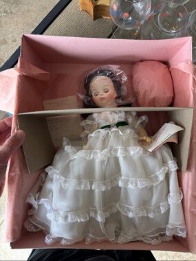 Madame Alexander white lace doll with green ribbon in pink box
